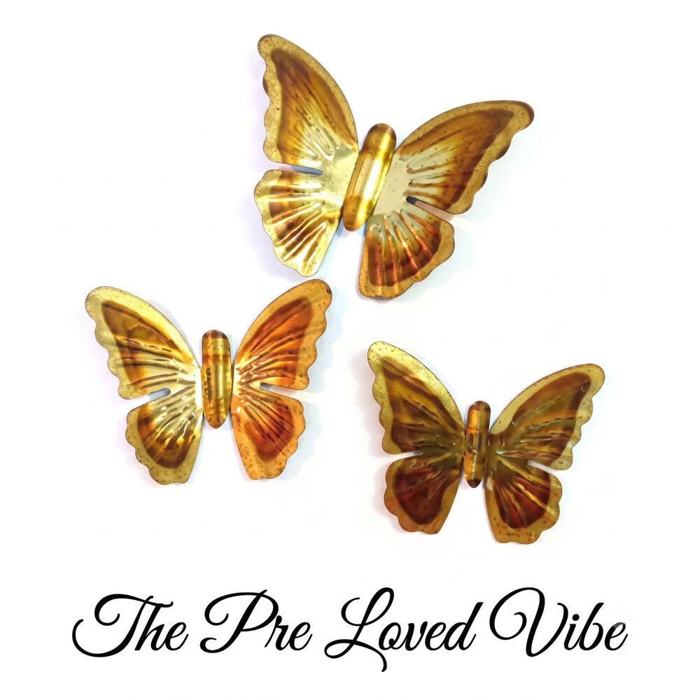 VTG 1970’s Home Interior Brass Butterfly Wall Decor Set Of 3 Boho Cottagecore